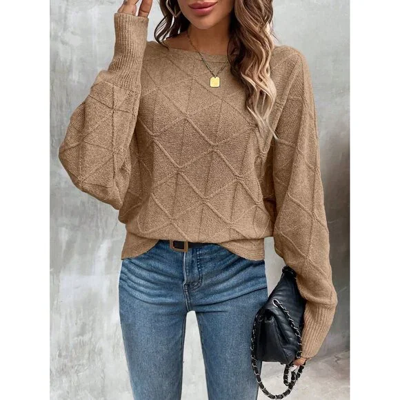 Ribbed knit crosshatch crewneck sweater batwing white - Picture 4 of 6